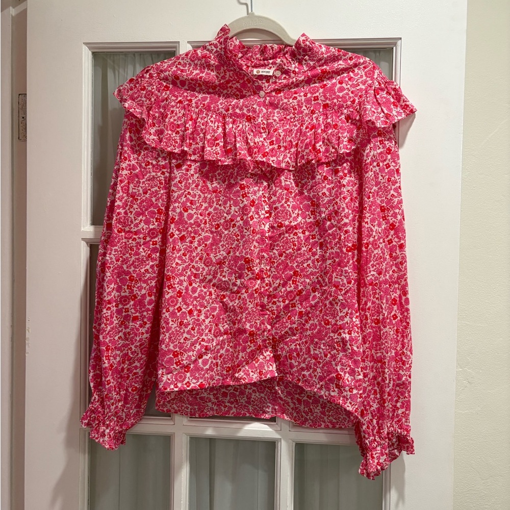 LoveShackFancy Erica Top in Pink Floral Ruffle Front Button Down SAMPLE